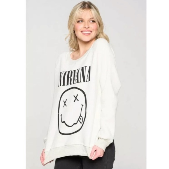 Tops - Cream Nirvana Smiley Face Band Graphic Sweatshirt